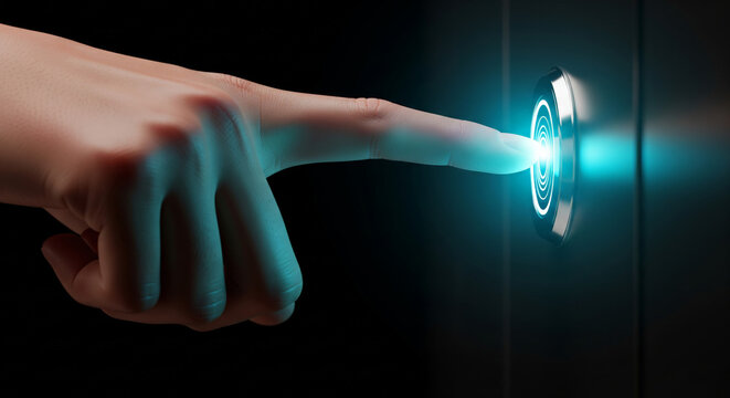 Human Finger Touching Glowing Digital Interface - Futuristic Biometric Access and Innovation Concept - Powered by Adobe