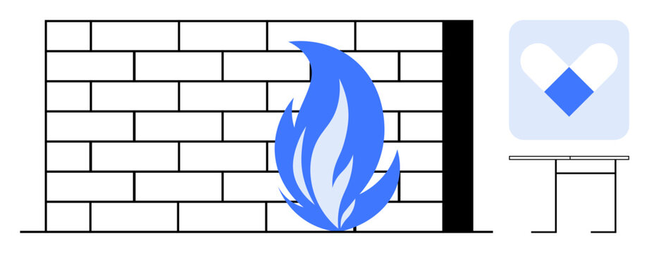 Cybersecurity, firewall protection, data security, technology systems, security services, digital trust. Brick wall with blue flame and digital icon. Cybersecurity and firewall protection concept - Powered by Adobe