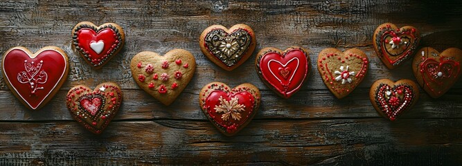 Heart shaped cookies for Valentine's Day on wooden background