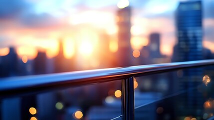 Naklejka premium Modern glass railing with metal handrail on urban balcony or terrace overlooking blurred city skyline at sunset with warm bokeh lights and golden hour glow.