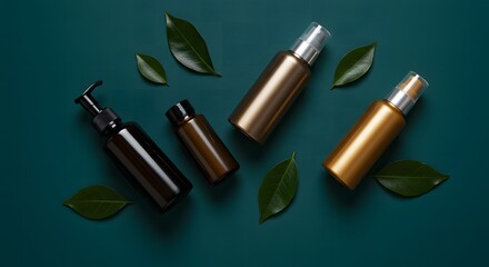 Obraz premium Elegant cosmetic bottles and fresh green leaves arranged on a dark teal background
