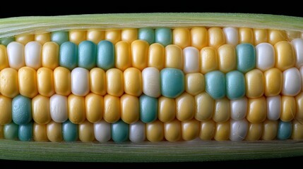 Jewel-toned Maize: A close-up view reveals a vibrant ear of corn, its kernels a mosaic of yellow, white, and turquoise, showcasing nature's artistry in a burst of colors.