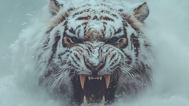 Fierce white tiger snarling with bared fangs in snowy winter environment, powerful wild cat predator showing aggressive expression for wildlife and nature projects.
