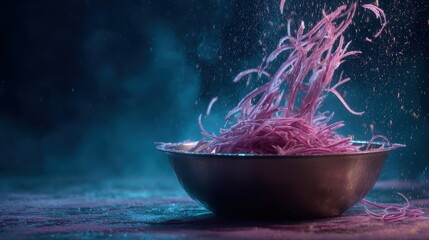 Vibrant Food Explosion: A dramatic food image with uncooked food exploding into a bowl, lit by dramatic blue and purple lights, creating a captivating visual that is both modern and artistic.