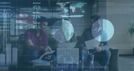 Animation of financial data processing over diverse colleagues discussing work in office - Powered by Adobe