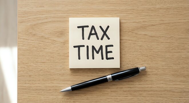 Tax time reminder note on wooden desk with black pen for accounting and financial planning during filing season.