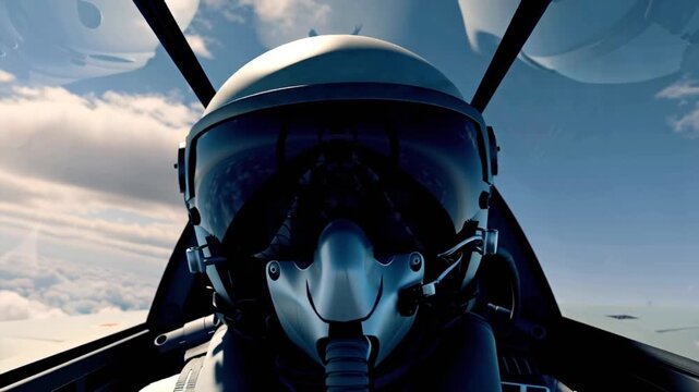 Cinematic slow-motion fighter jet cockpit interior, close-up on pilot&rsquo;s face and helmet, high-G maneuvering, sweat skin, reflections clouds other jets on visor, extreme motion blur outside canopy