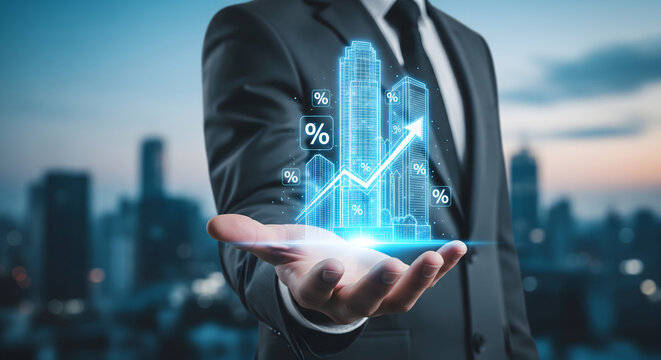 Businessman presenting growing financial graph with cityscape background - Powered by Adobe
