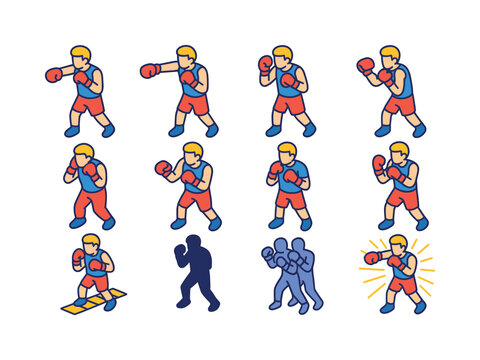 Colorful Boxing Icons. Boxing exercises. Colorful isometric vector icons set of boxing exercises: jab punch, cross punch, hook punch, uppercut punch, defensive