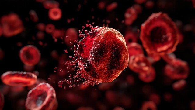 Red blood cells move through the bloodstream in a close-up view, showcasing their structure and interaction with plasma and other cells in a dark background