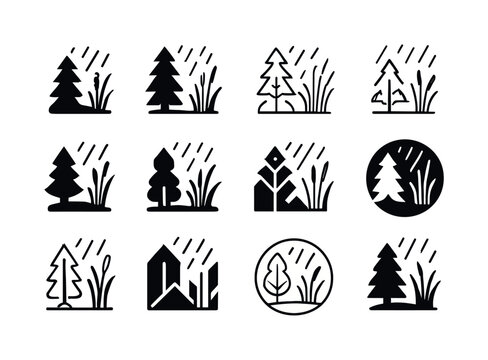 Rainy Nature Icon Set. Rain showers in forests and wetland areas. Icon set. Set Logo of rain showers in forests and wetland areas: reeds swaying in rain.