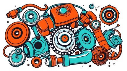 A vibrant illustrated robot composed of gears, pistons, and mechanical elements. The artwork blends creativity with engineering, symbolizing automation, robotics, and futuristic mechanical design in a