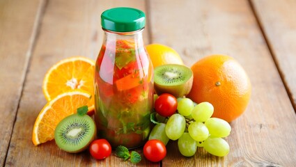 Fresh Fruit Infused Water in a Bottle with Oranges, Kiwi, Grapes, and Tomatoes
