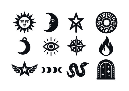 Mythical Celestial Icons. Mythical celestial symbols. Solid icon set of mythical celestial symbols: sun face, moon face, star rune, zodiac wheel, crescent