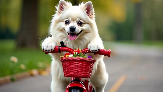 Dog riding tricycle with flowers in basket in park on a sunny day