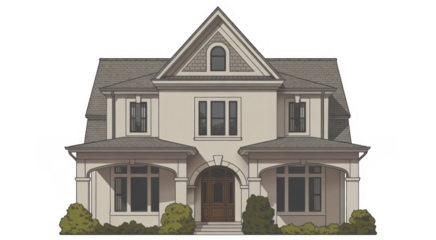 Beige house with gray roof and brown door two-story isolated on a transparent background