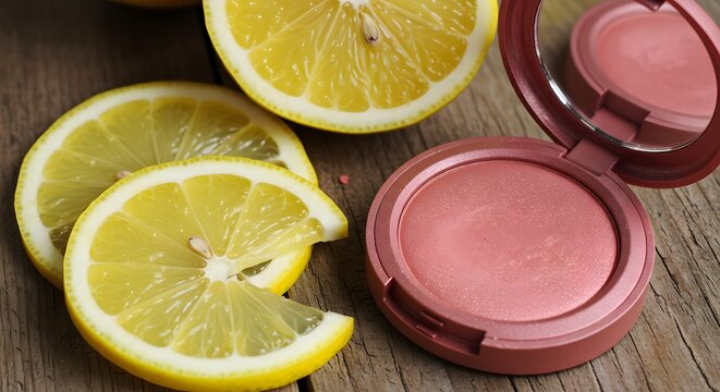 A vibrant still life featuring sliced lemons alongside a compact of pink blush makeup