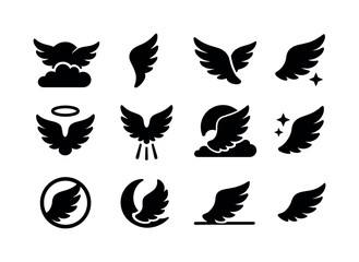 Obraz premium Angel Wing Icon Set. Angel wing scenes. Solid icon set of angel wing scenes: wing above clouds, wing rising, wing descending, wing beside star, wing with halo,