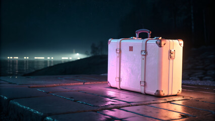 An old suitcase sits on the empty street next to a blank paper shopping bag and a retail gift box package in this vector illustration design for a business shop sale