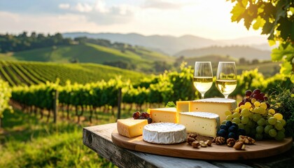 Gourmet Cheese Platter With Wine Glasses On Rustic Table Overlooking Lush Green Vineyard Hills At Sunset Golden Hour