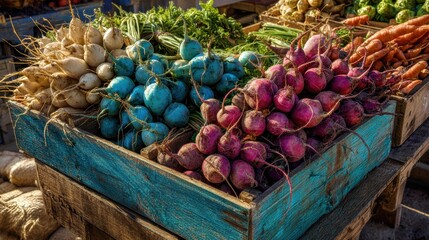 Vibrant Variety: A close-up showcases a rich selection of fresh vegetables, meticulously arranged and presented within rustic wooden crates.