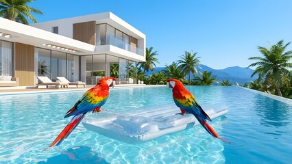 Two colorful macaws relaxing on an inflatable in a luxurious infinity pool with a modern villa and tropical landscape.