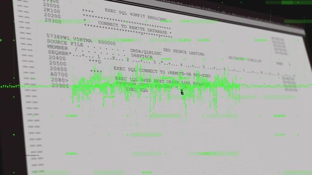 Pulsing green waveform blurring into monitor while scrolling SQL code showing database activity