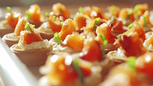 Delicate smoked salmon tartlets, soft cheese and herbs served in Europe kitchen