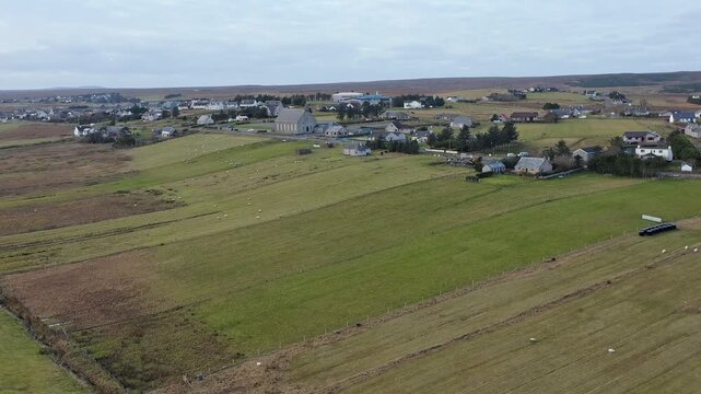 Drone shot featuring the church in the village of Back on the Isle of Lewis.