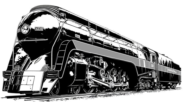A black and white illustration of a streamlined locomotive, on tracks, from a low perspective