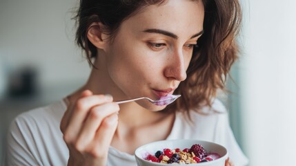 Serene Breakfast Moment: A woman savors a nutritious bowl of yogurt and fruit in a tranquil, well-lit setting, exemplifying healthy eating habits and mindful living.