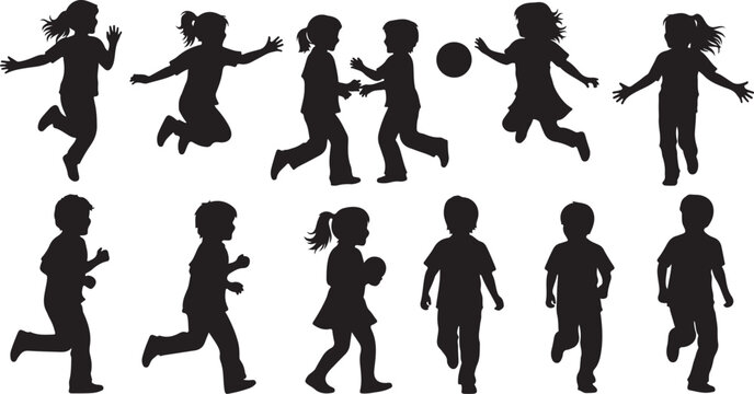 Silhouettes of children playing and running in various poses