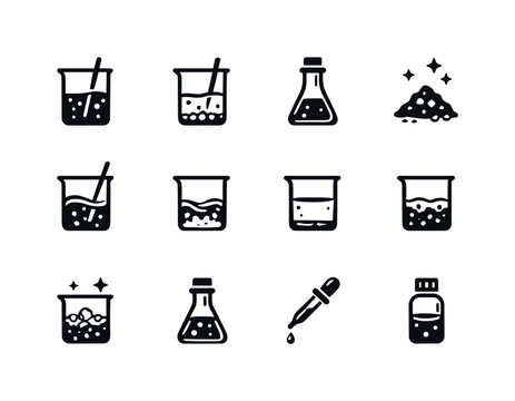 Chemical Solutions Icons. Chemical solutions. Solid icon set of Chemical solutions: aqueous solution icon, saturated solution, solvent bottle, solute crystals,