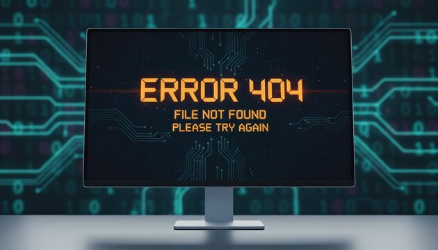 Computer screen showing an orange error 404 file not found please try again message, illustrating a technical problem, system failure, or page broken concept in a digital environment - Powered by Adobe