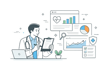 Health Report Analysis. Health insights and reporting. Specialist reviewing reports with graphs and indicators, calm analytical mood. Abstract elements and