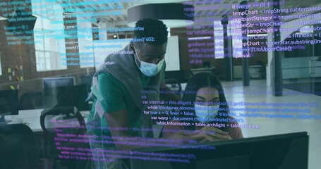 Woman developer encountering bug as male colleague pointing lines amid debugging with code overlay - Powered by Adobe