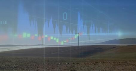 Chart initiating market bars rising and waveform peaking over turbines showing energy market trend - Powered by Adobe