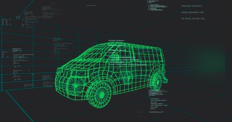 At start C++ code panels fading, scrolling around green wireframe van, 3D grid shifting for demo - Powered by Adobe