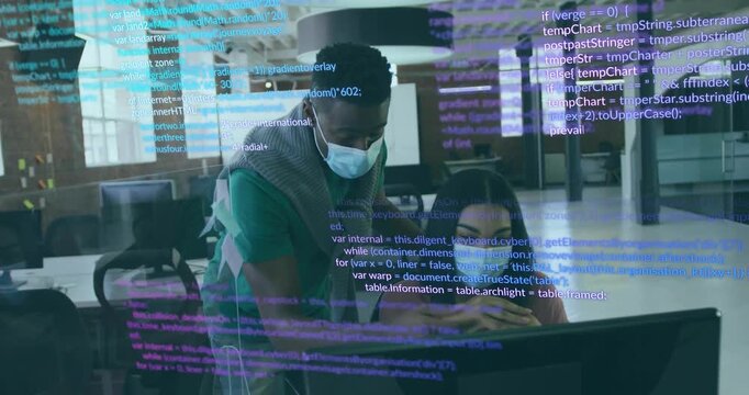 Woman developer encountering bug as male colleague pointing lines amid debugging with code overlay