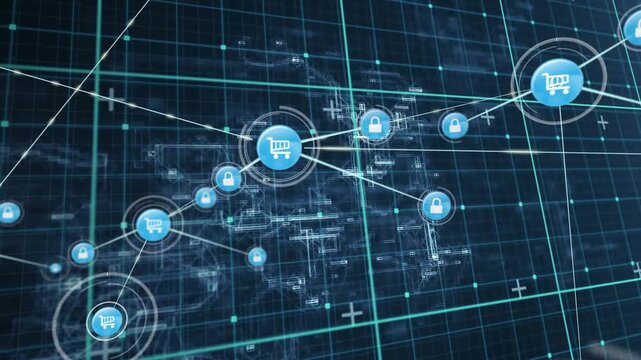 Ring pulsating cart icon fading on teal grid lines radiating to padlocks securing ecommerce network