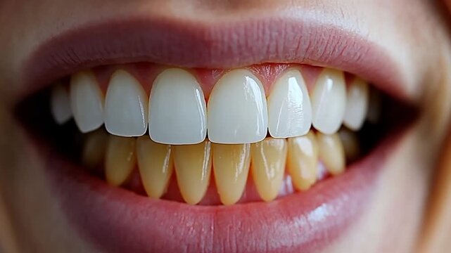 Comparing white teeth and yellow teeth in a close-up view of a smile