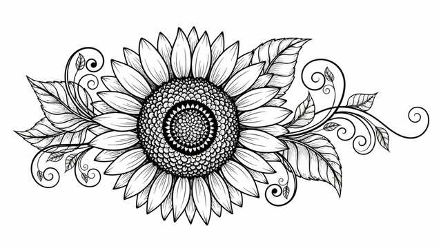 Black and white illustration of a beautiful blooming sunflower with decorative swirling leaves, a classic floral design