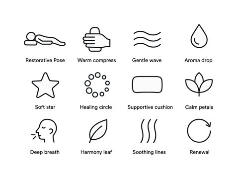 Restorative Therapy Icons. Restorative therapies. Line icon set of Restorative therapies: restorative pose, warm compress, gentle wave, aroma drop, soft star,