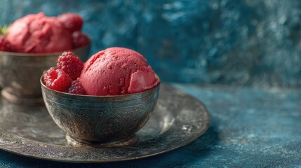 Raspberry Ice Cream Delight: A close-up shot of two silver bowls filled with vibrant raspberry ice cream, a delightful and refreshing treat, garnished with fresh, juicy raspberries.