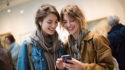 Two young women sharing audio guide on smartphone in art museum