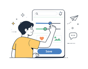 Sleek App Interaction. Human-centered interface design. Individual interacting with a simple app layout, sliders and icons responding smoothly. Feeling of