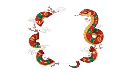 Obraz premium Decorative Chinese New Year snake frame with traditional red and gold patterns, cherry blossoms and clouds on white background for festive design projects.