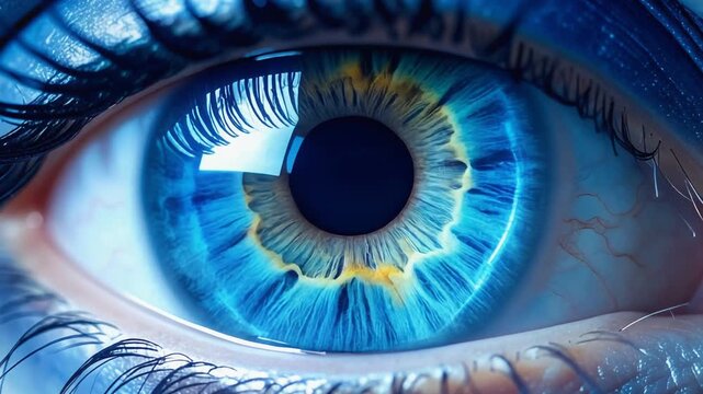 青く発光する瞳のクローズアップが未来的知覚と知性を象徴する瞬間