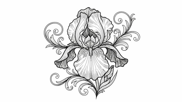 Intricate black and white Iris flower illustration with elegant swirling flourishes, a detailed vector botanical art piece perfect for sophisticated floral design