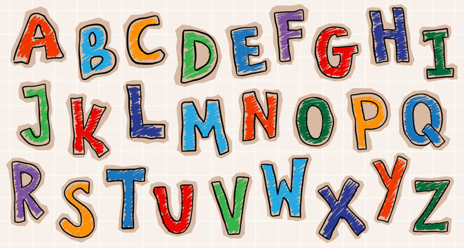 Funky paper cut out alphabet letters. Torn scrapbook font with crayon scribbles. Colorful scrapbook collage alphabet. Vector magazine alphabet with cut out letters from newspaper on piece of paper